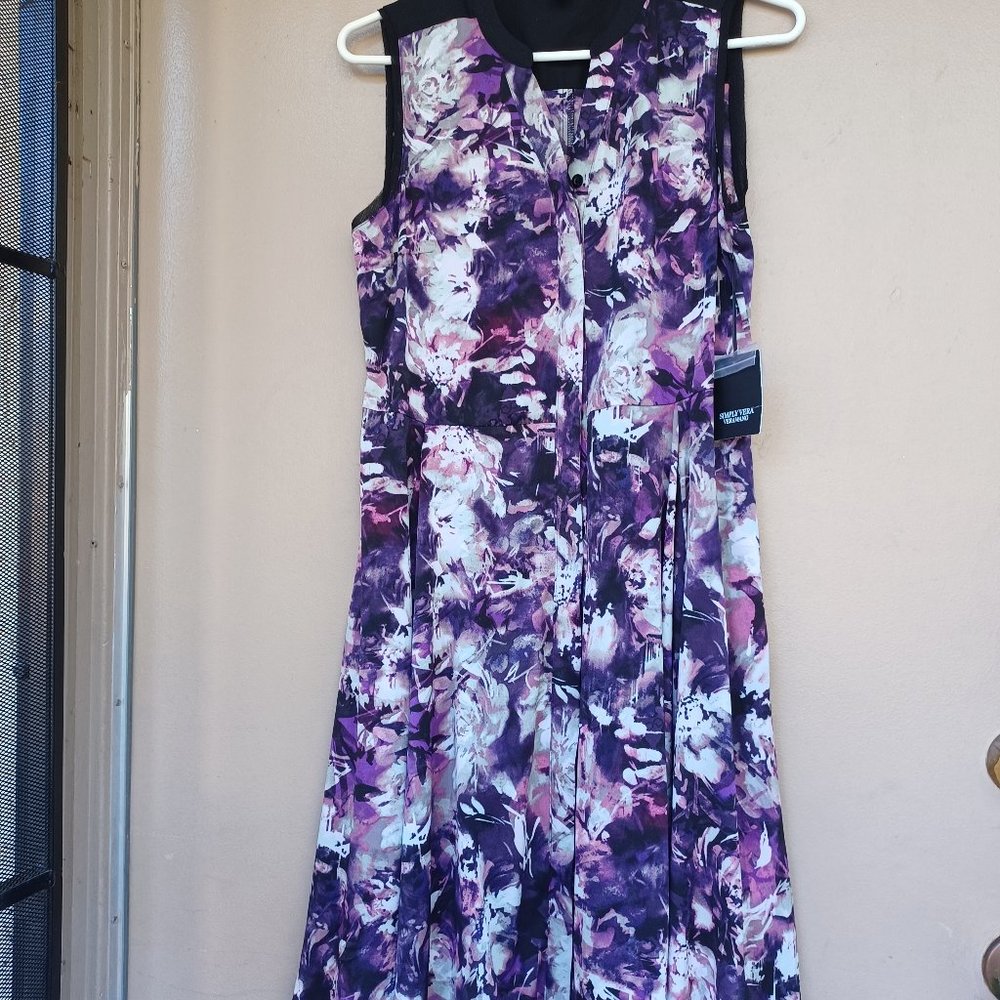 VERA WANG SLEEVES SHIRT DRESS BLACK PURPLE PINK AND WHITE SHIRT DRESS SIZE SMALL